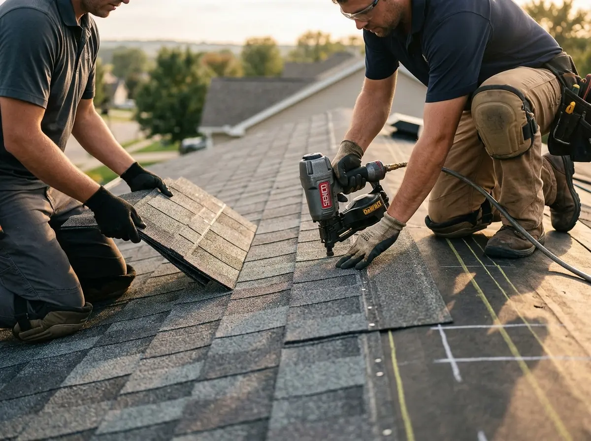 Professional roofer working on a residential roof in Cedartown